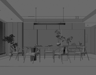 餐厅 餐桌椅组合 餐边柜 吊灯 绿植 装饰品