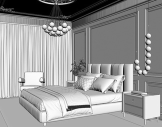 卧室 雕花吊顶 背景墙 皮革双人床 床头柜组合