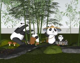 雕塑 熊猫 卡通 竹林 竹子