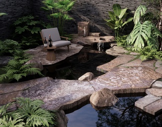 水景 庭院 石头叠水