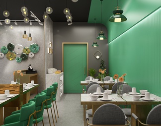 绿色主题火锅店 食材餐具桌椅 花卉绿植 创意灯具