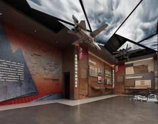 军事博物馆 军人雕塑 展示柜 互动触摸一体机 战机 导弹