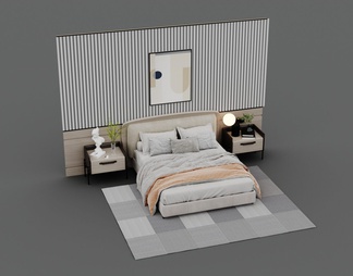 米灰色双人床床头柜床背景一体组合