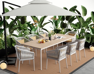庭院户外桌椅 藤编桌椅 植物组合 遮阳伞