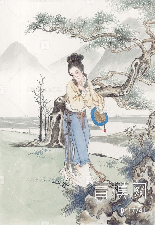 关键字: 特大尺寸灰白绿jpg 国画特写挂画贴图库 仕女图