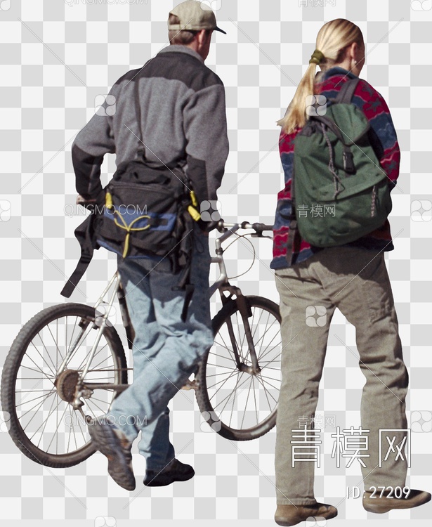 推着自行车和背着包的男女