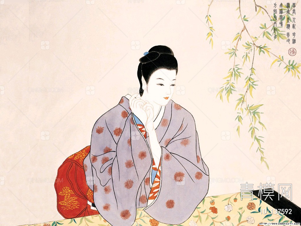 关键字: 大尺寸灰白jpg 日画挂画贴图库 日本侍女和服