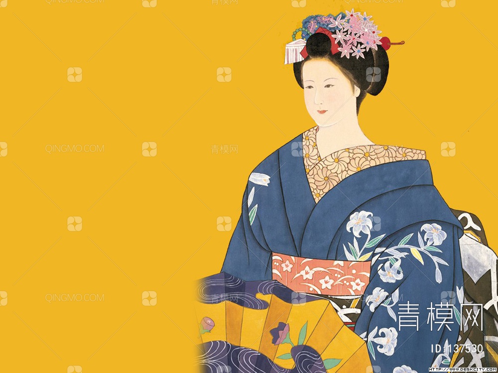 关键字: 大尺寸蓝黄jpg 日画挂画贴图库 日本侍女和服