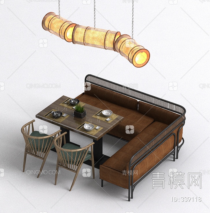 吊灯L型餐厅餐桌椅组合