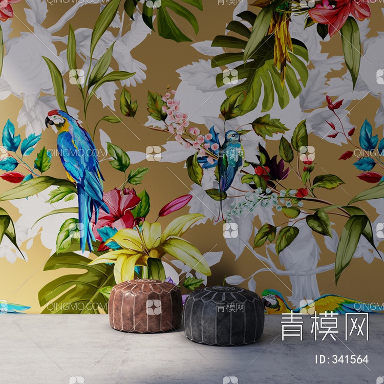 彩色花鸟手绘墙实景
