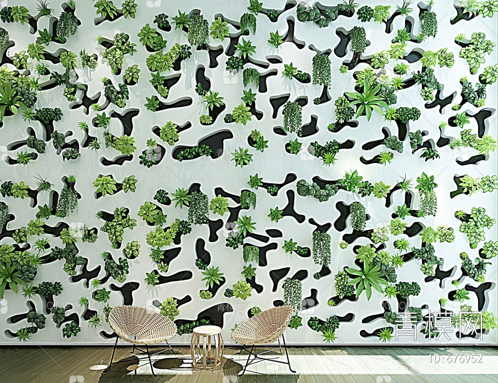 异形造型垂直绿化植物墙休闲藤椅组合