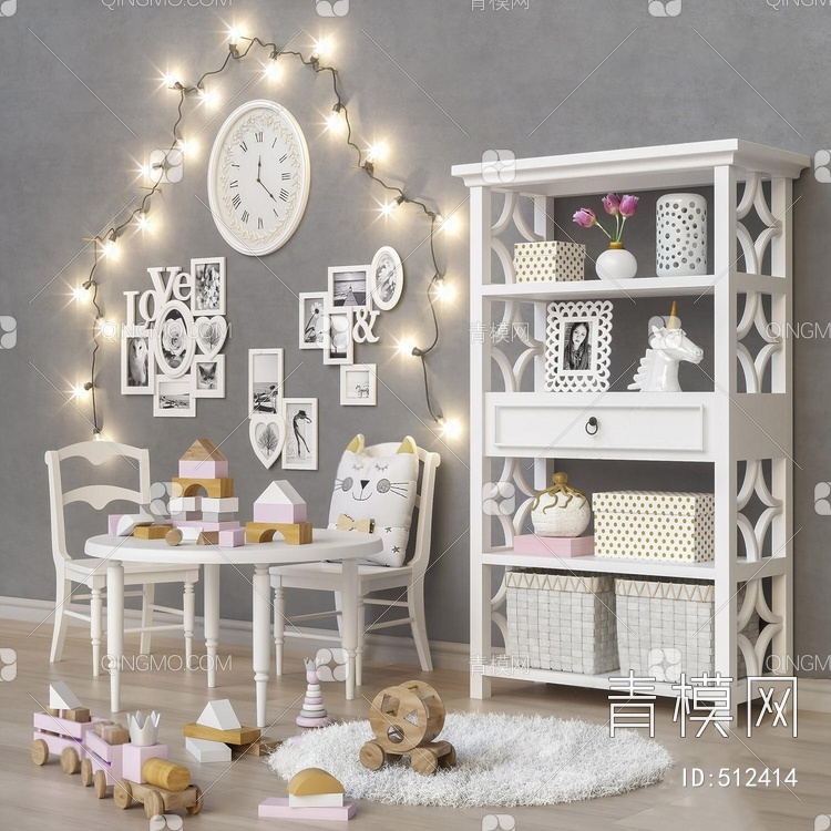儿童房置物架桌椅玩具墙饰钟彩灯置物架组合