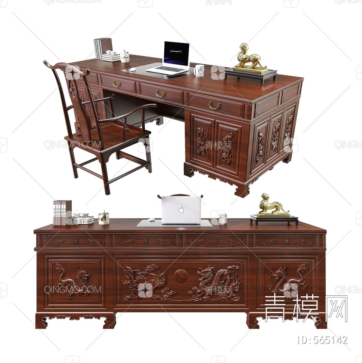 实木雕刻书桌组合