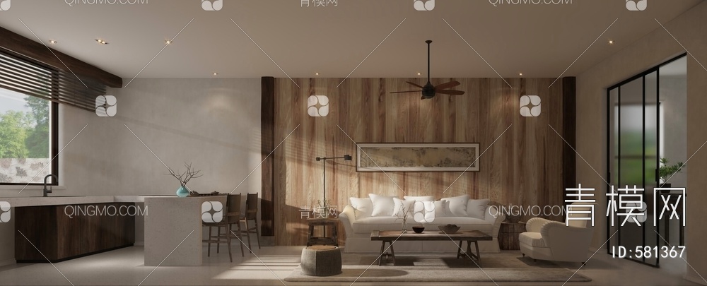 民宿客餐厅 卧室 木片吊扇 旧茶几 沙发 黑竹木床 摇椅
