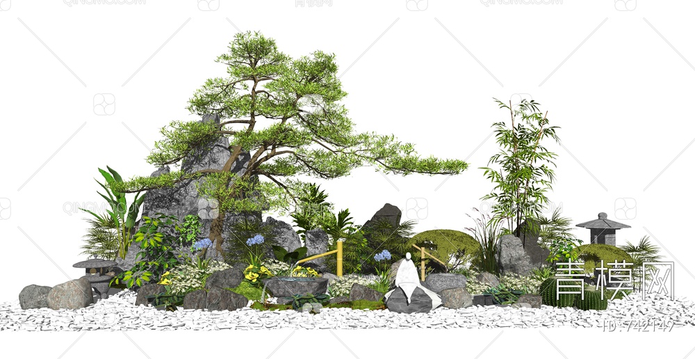 景观小品假山石头水景松树植物碎石竹子石灯