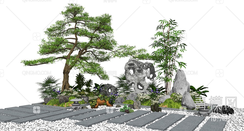 景观小品庭院景观植物松树假山石头