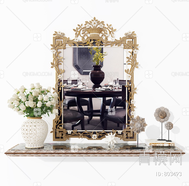 雕花金属挂壁镜,花瓶