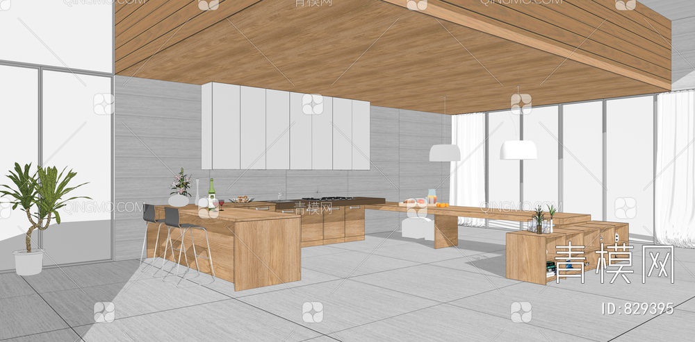开放式厨房 橱柜 岛台 餐边柜 绿植 装饰摆件 冰箱 吊柜 餐吧台