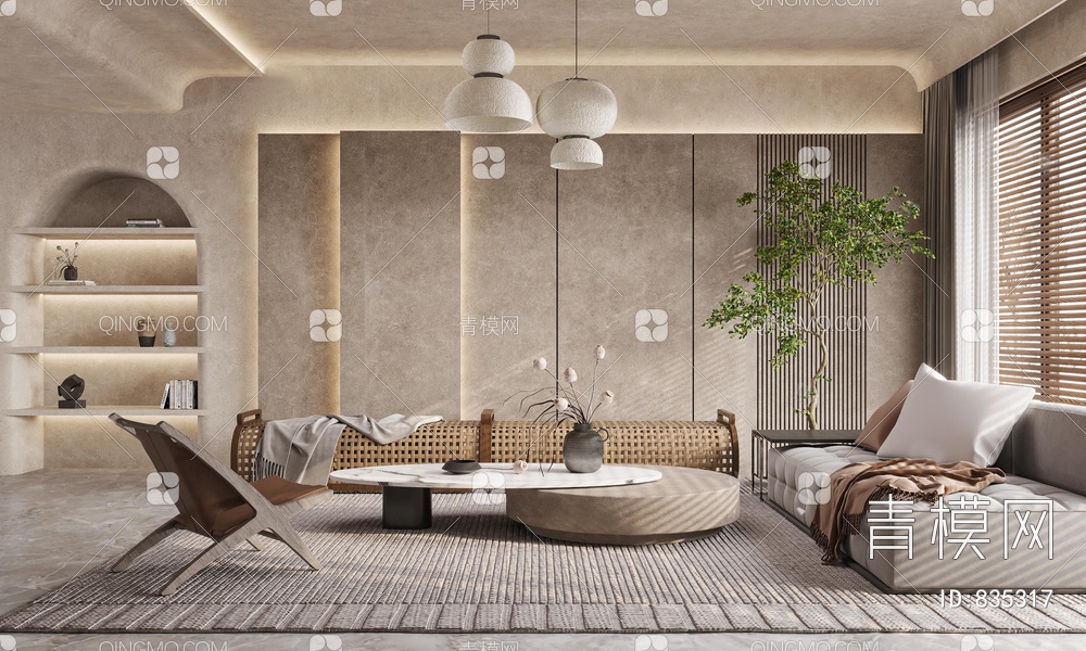 客厅 沙发茶几组合 绿植 客厅吊灯 藤编沙发 装饰摆件 休闲椅