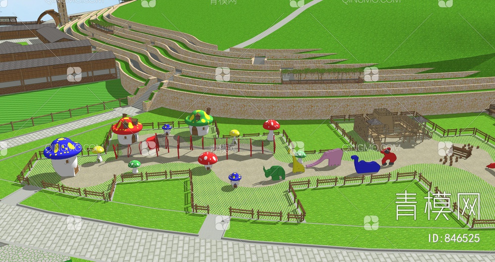 乡村生态儿童乐园公园 乡村儿童娱乐活动区 蘑菇房 公园攀爬设施