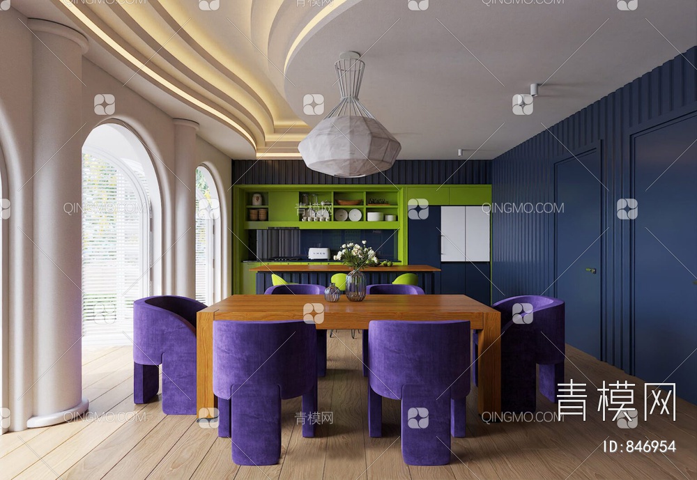客餐厅 沙发茶几组合 开放式厨房 餐桌椅组合 旋转楼梯 落地灯