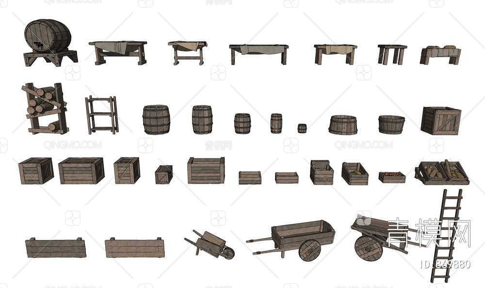 木桶 木桌 木梯 摆件组合