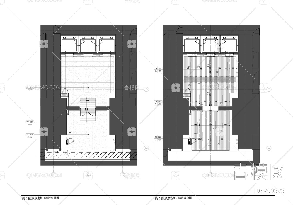 某大厦商业办公裙楼（1-4层）内装CAD施工图  办公大堂  商业公区  电梯厅 商业走廊 公共卫生间