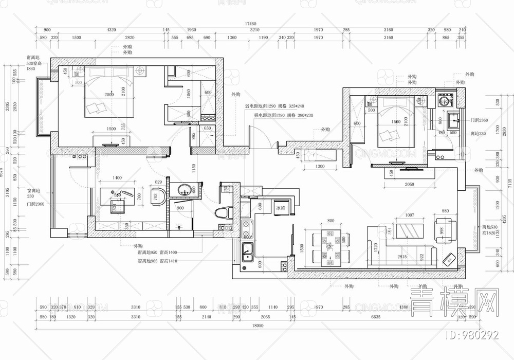 110㎡家装三居室CAD施工图  私宅 大平层 家居