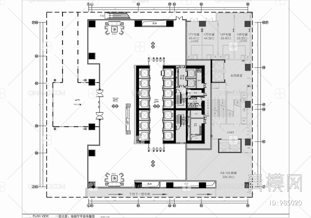 1000㎡办公大堂及电梯厅CAD施工图+效果图  大堂 电梯厅 公区