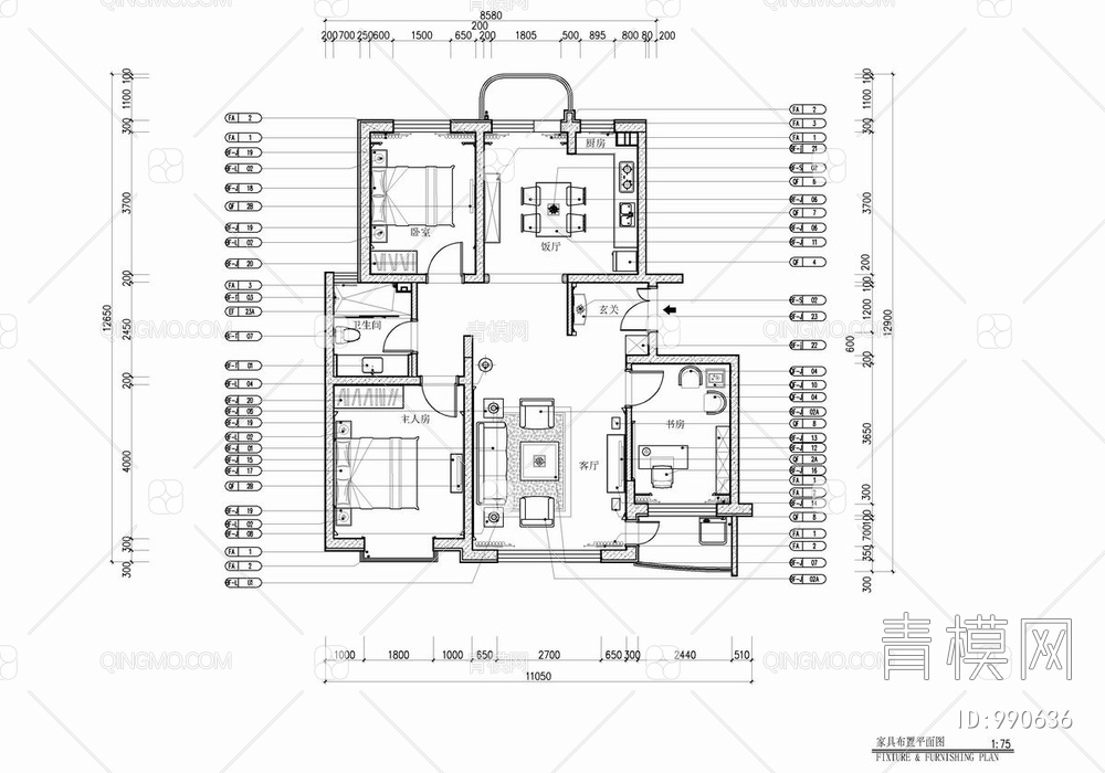 100㎡三居室家装CAD施工图 样板房 私宅