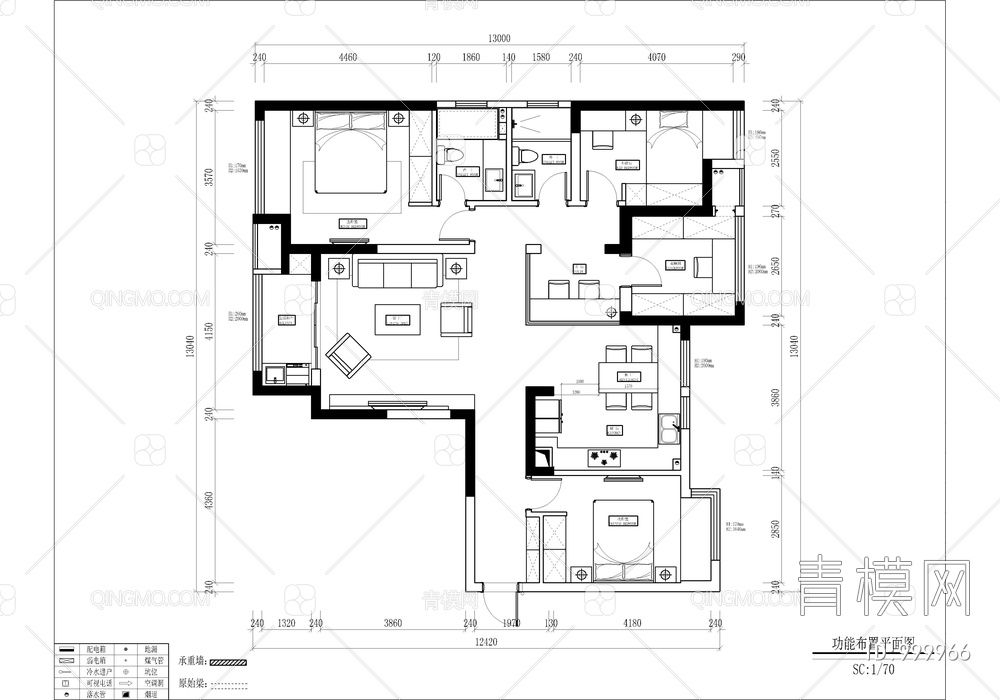 130㎡家装私宅CAD施工图+实景照 大平层 四居室