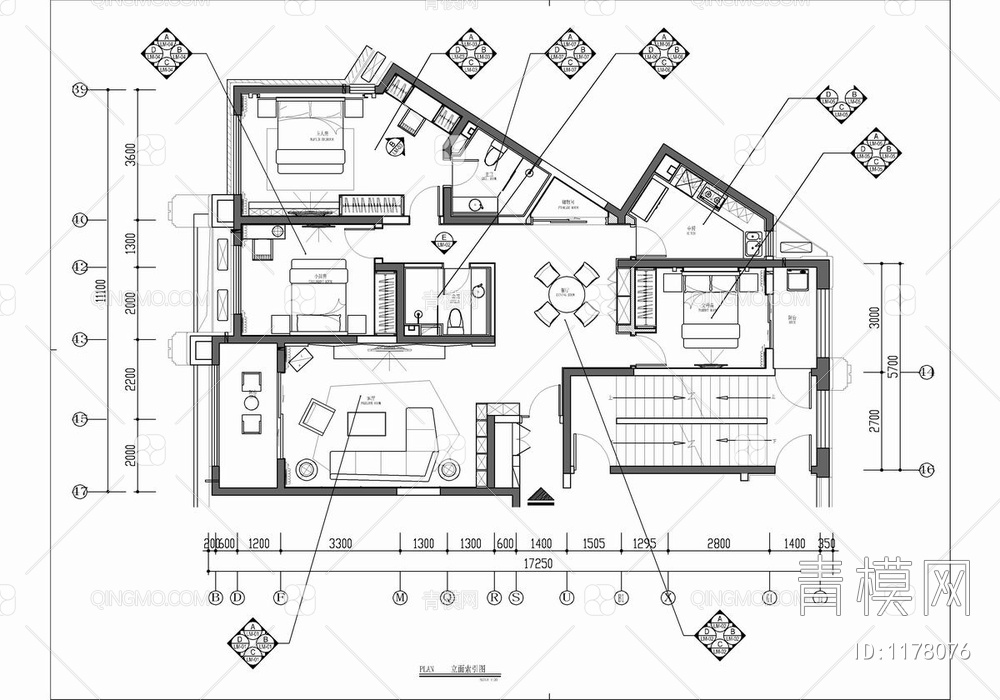 140㎡ 三居室家装CAD施工图 私宅 平层 家装 大宅 样板房