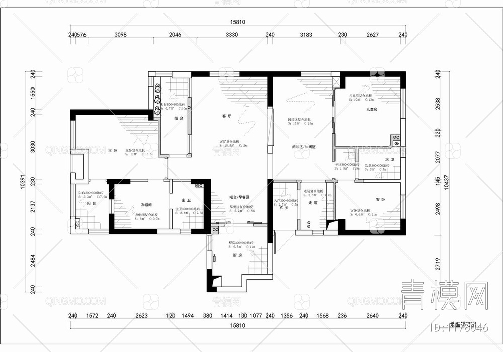 135㎡三居室家装CAD施工图+实景照 私宅 平层 家装 大宅 样板房