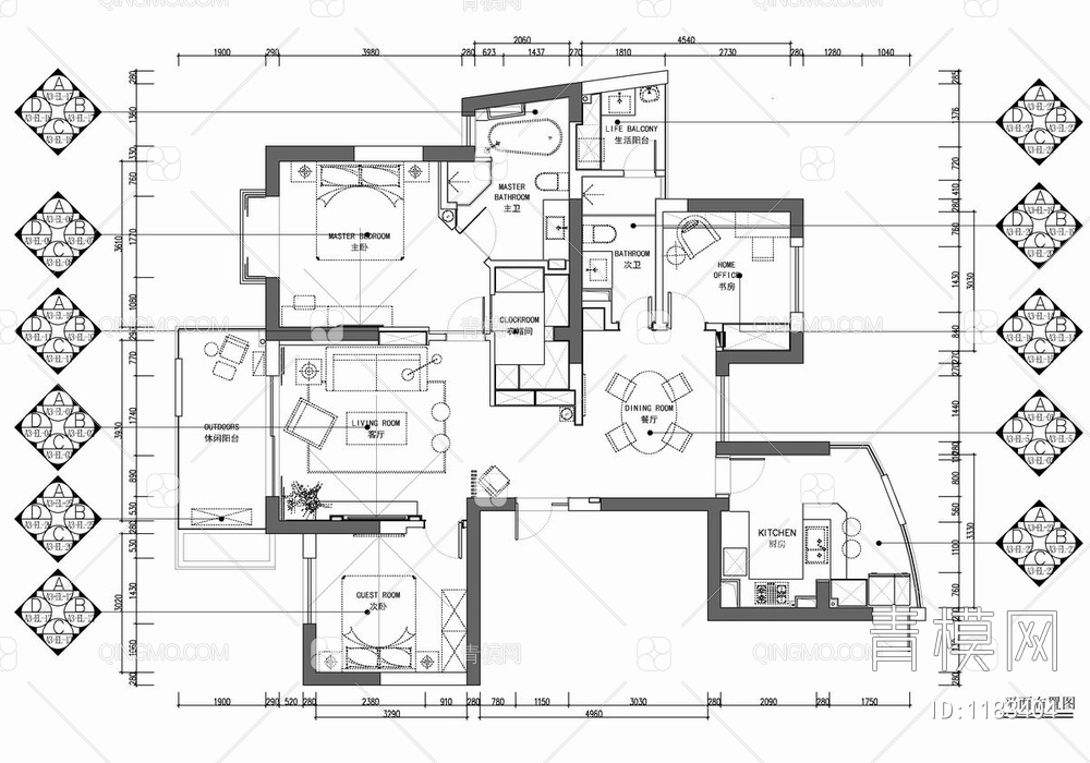 130㎡家装大平层CAD施工图 私宅 家装 平层  三居室 大宅