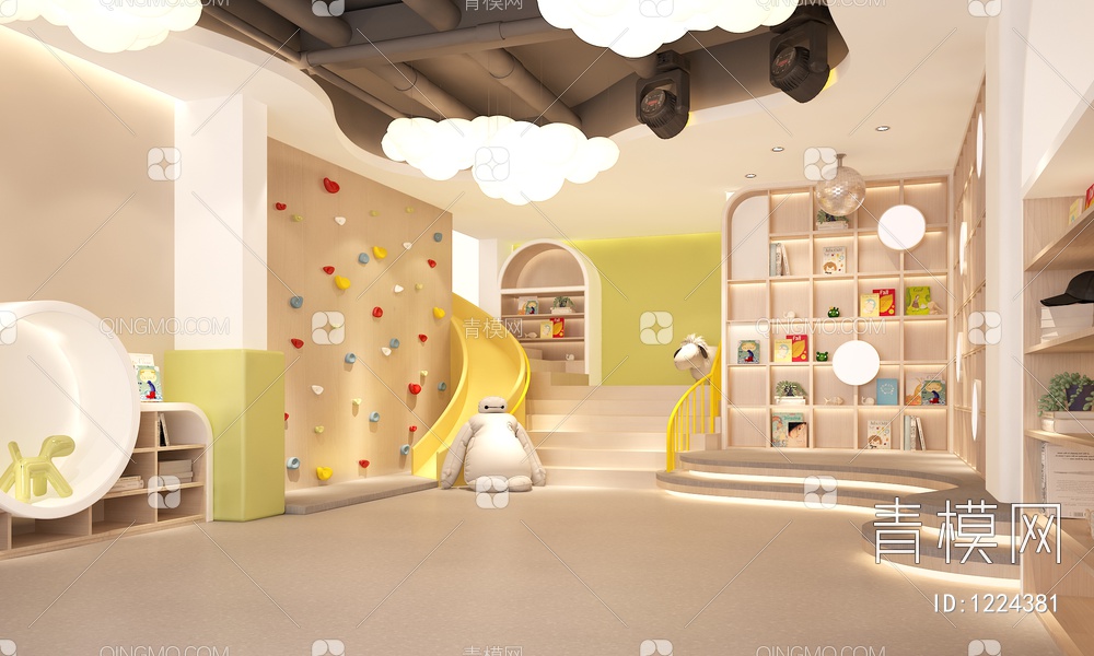 幼儿园大厅 服务台 气球 造型书柜 滑滑梯 攀岩墙 玩具