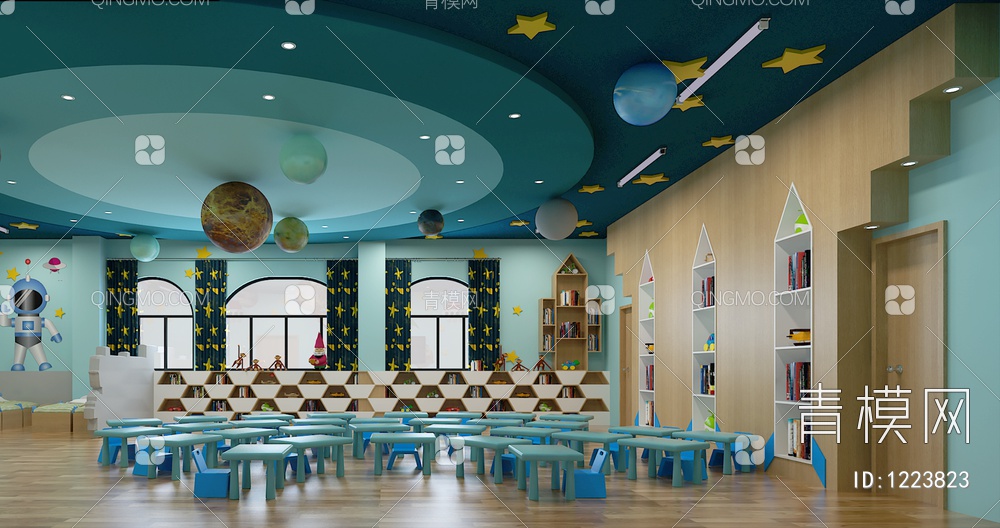 幼儿园教室 卡通桌椅组合 装饰书柜 星空吊顶 玩具