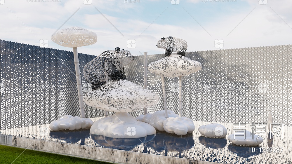 熊猫云朵水景雕塑景墙小品