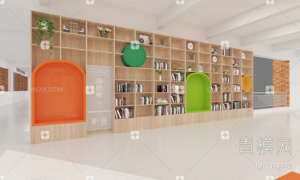 校园文化长廊 休闲装饰书柜 绿植 绿化造型剪影墙 休闲桌椅组合 储物柜