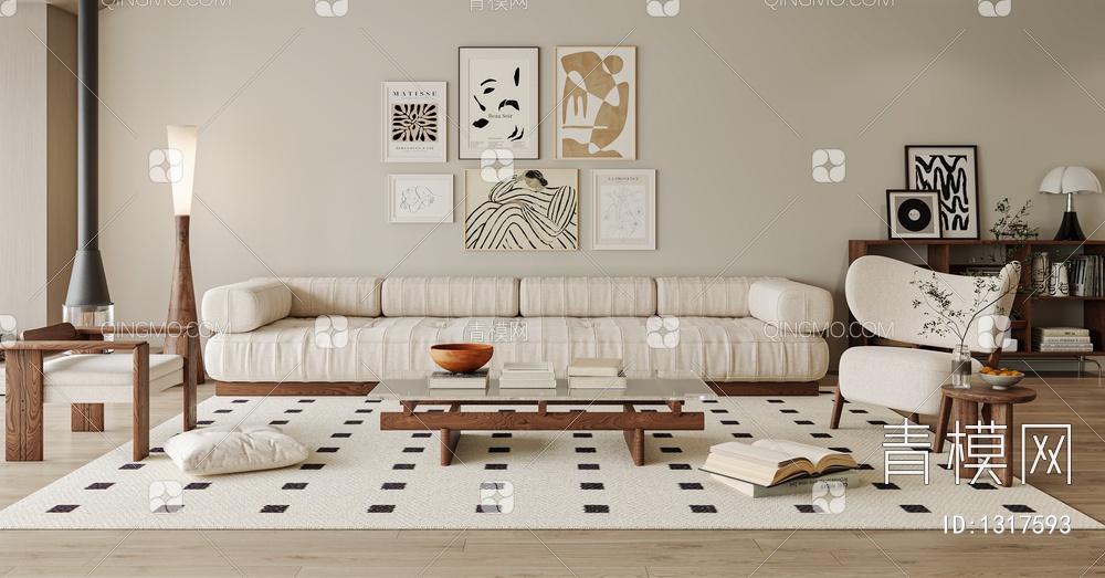 客厅 沙发 单椅 茶几 电视背景墙 窗帘 地毯 书架 饰品