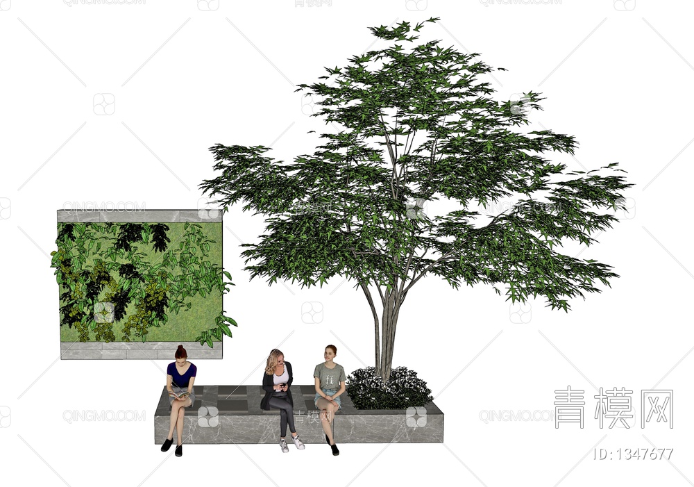 景观树，树池，绿植墙，休闲景观树池，坐着的人物，人物，坐姿人物，树