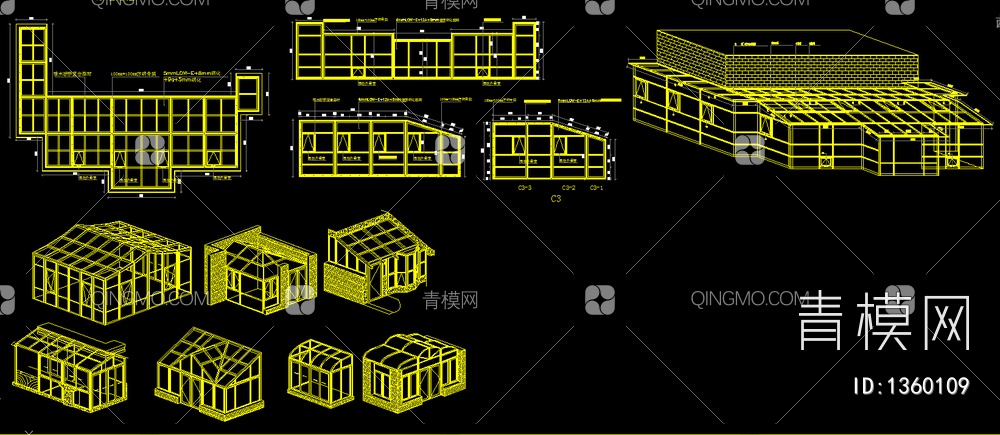 钢化玻璃阳光房cad施工图