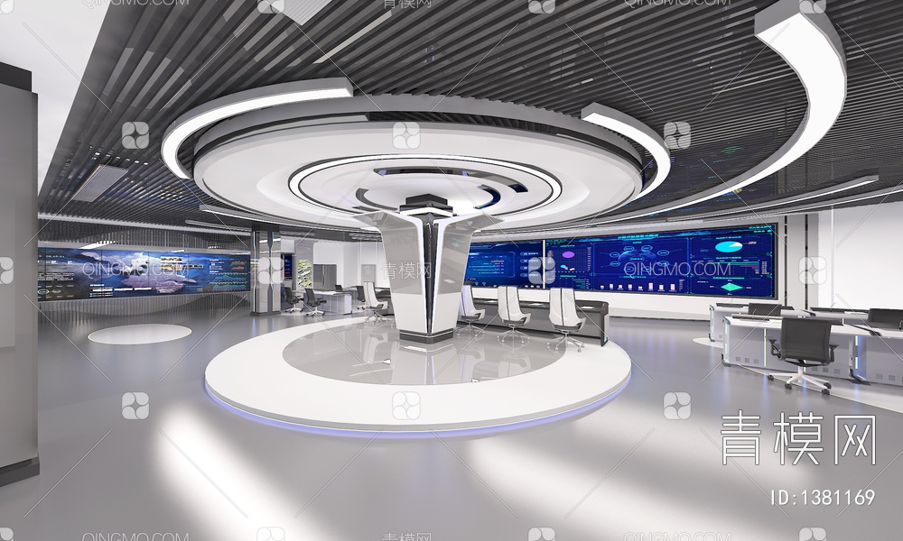 科技指挥控制中心 弧形LED拼接大屏 办公桌椅组合 演讲台