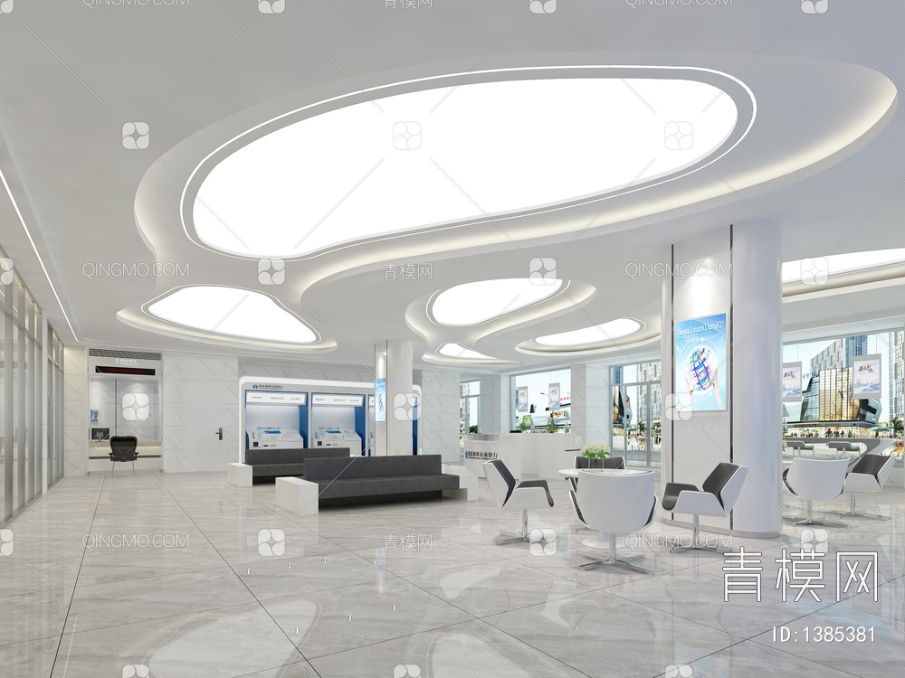 银行大厅 服务台 终端智能机 沙发 休闲桌椅组合 LED拼接大屏