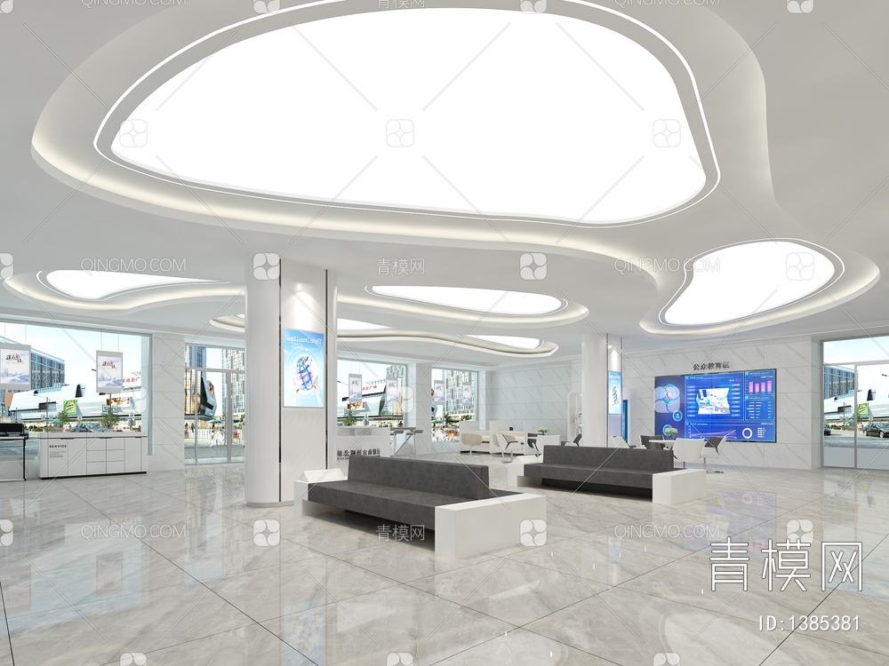 银行大厅 服务台 终端智能机 沙发 休闲桌椅组合 LED拼接大屏