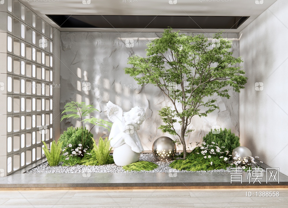 庭院植物小品 植物堆苔藓 景观树 毛石墙 镂空砖隔断 雕塑小品
