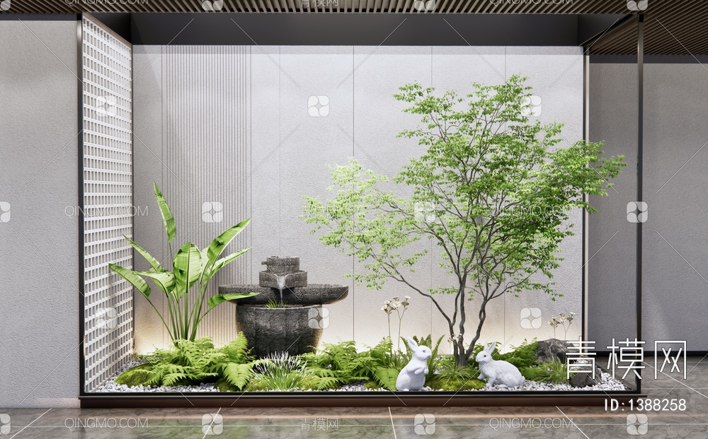 庭院植物小品 植物造景 室内景观小品 蕨类植物 景观树 水钵 小兔雕塑