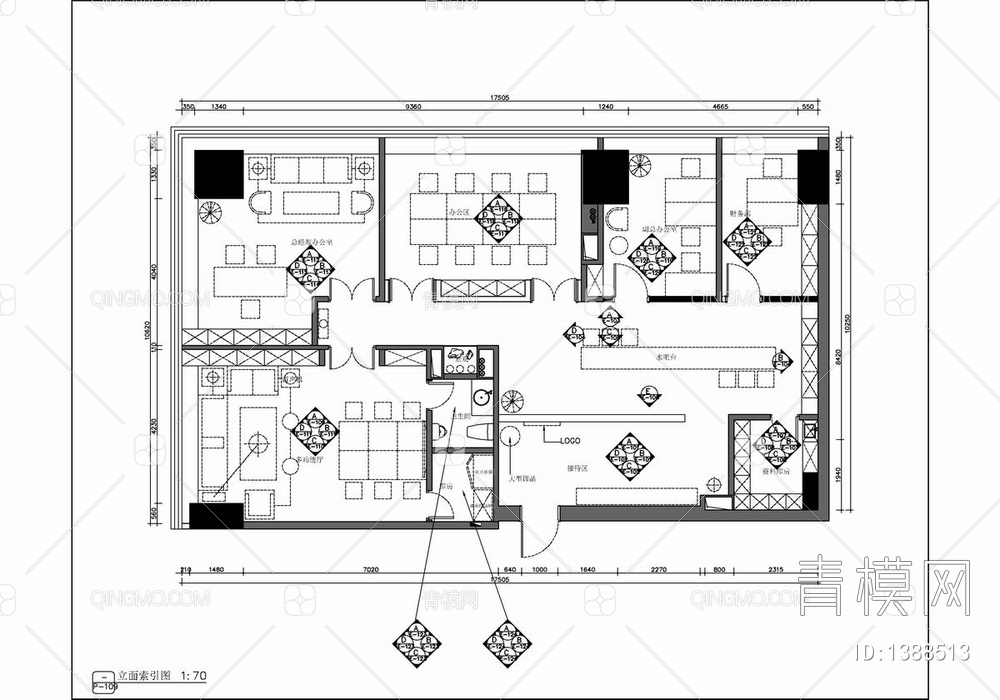 200㎡办公室CAD施工图 办公室 办公区