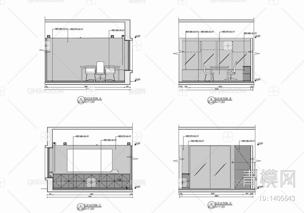 1100㎡办公空间CAD施工图 办公室 办公会所