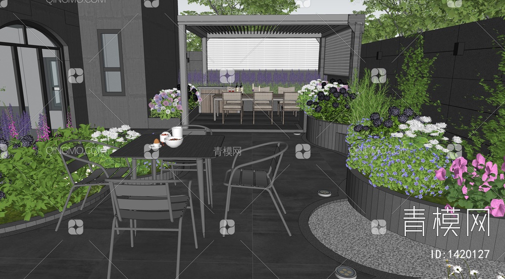 庭院景观 廊架花架 户外桌椅 花草植物 花卉 植物堆景观