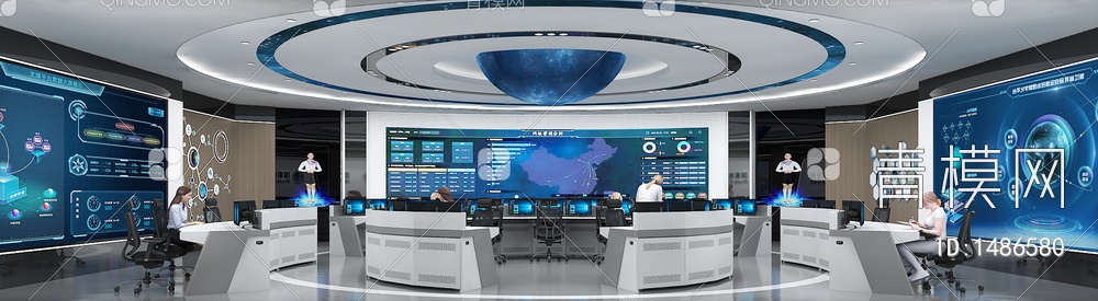 指挥监控室 电脑工作台 虚拟解说员 LED拼接大屏